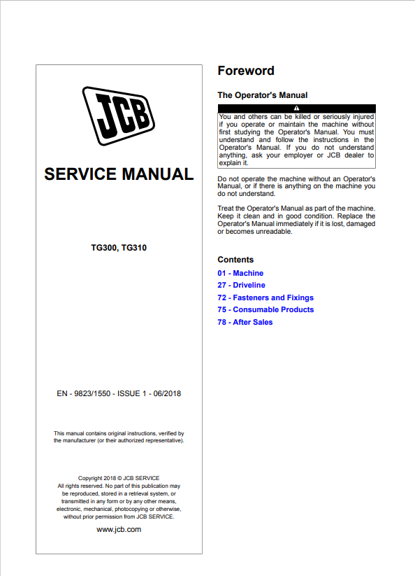 JCB TG300, TG310 Service Manual 9823/1550 PDF