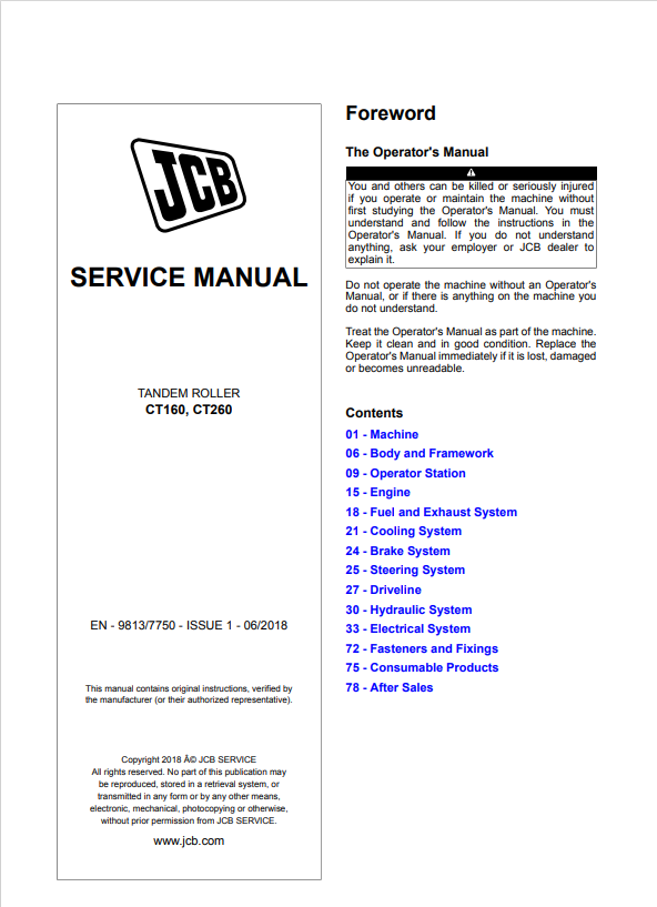 JCB Tandem Roller CT160, CT260 Service Manual 9813/7750 PDF