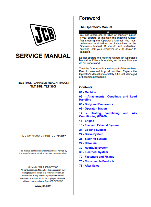 JCB Teletruk TLT 25G, TLT 30G Service Manual 9813/8800 PDF