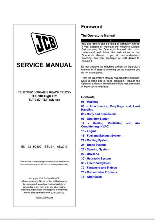 JCB Teletruk TLT 30D High Lift, TLT 35D, TLT 35D 4x4 Service Manual 9813/2500 PDF