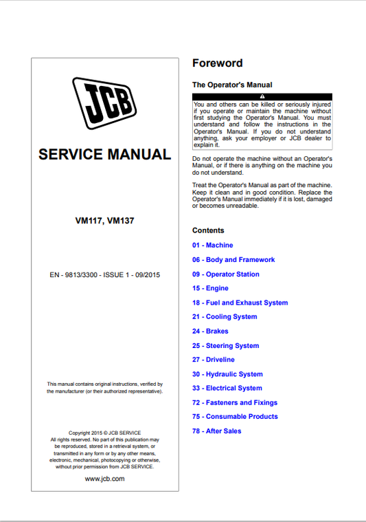 JCB VM117, VM137  Service  Manual 9813/3300 PDF