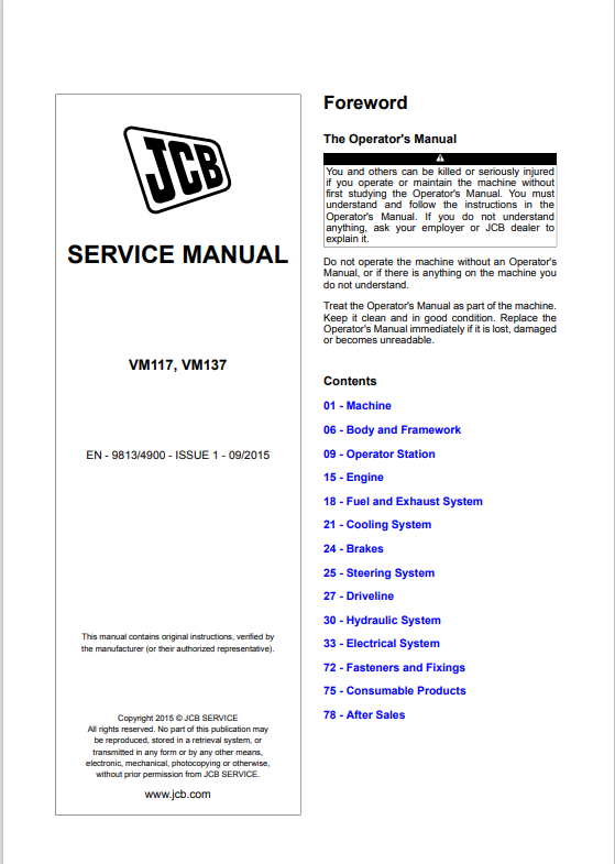 JCB VM117, VM137 Service Manual 9813/4900 PDF