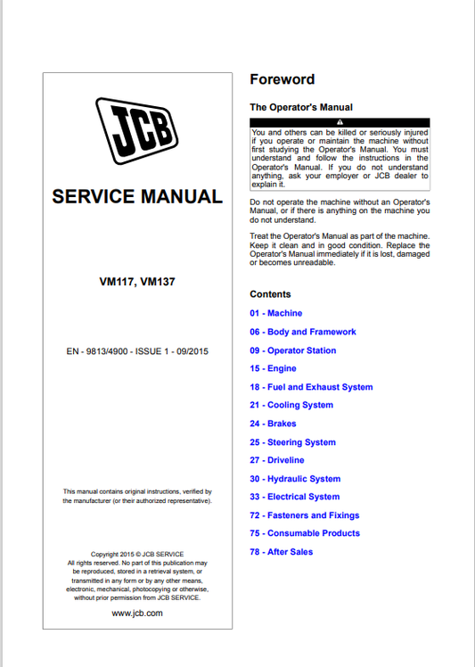 JCB VM117, VM137 Service Manual 9813/4900 PDF