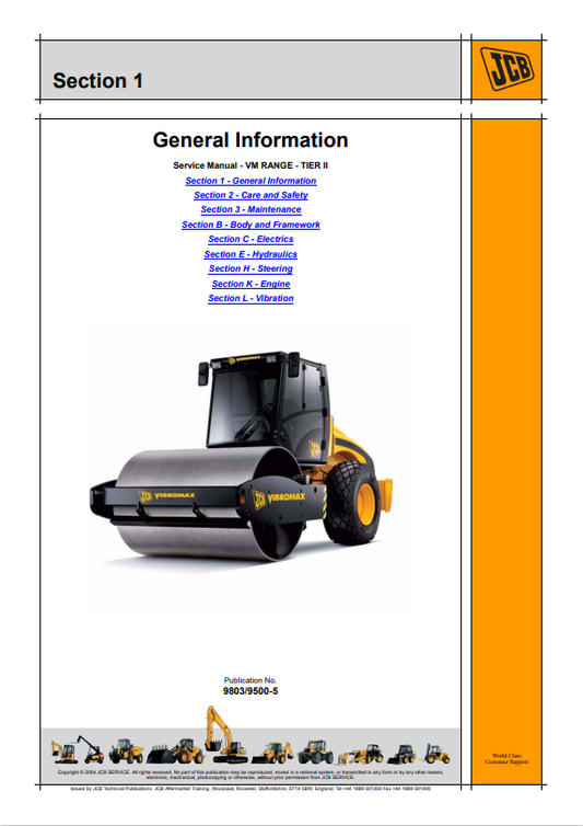 JCB VM46D, VM46PD, VM75D, VM75PD, VM115D, VM115PD Tier II Service Roller Service Manual 9803/9500-5 PDF