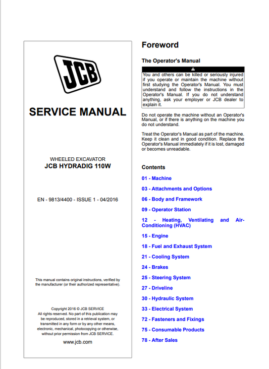 JCB Wheeled Excavator Hydradig 110W Service Manual 9813/4400 PDF