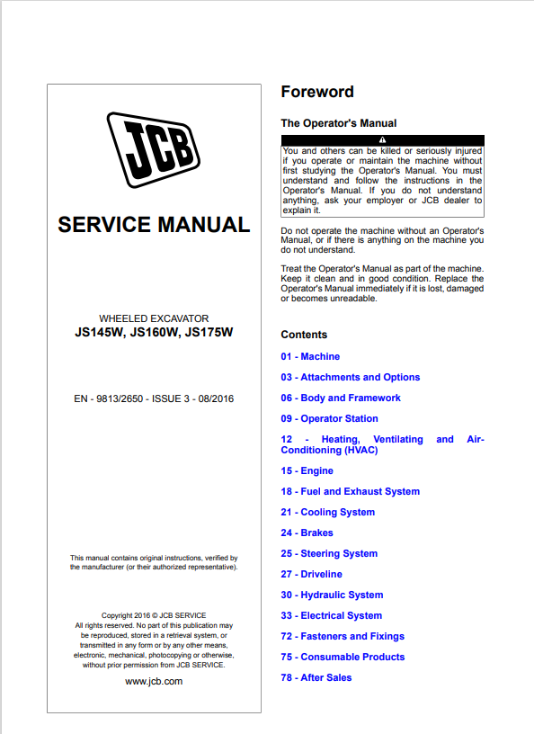 JCB Wheeled Excavator JS145W, JS160W, JS175W Service Manual 9813/2650 PDF