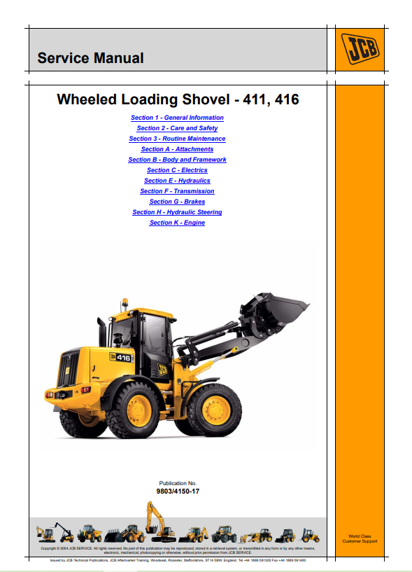 JCB Wheeled Loading Shovel 411, 416 Service Manual 9803/4150-17 PDF