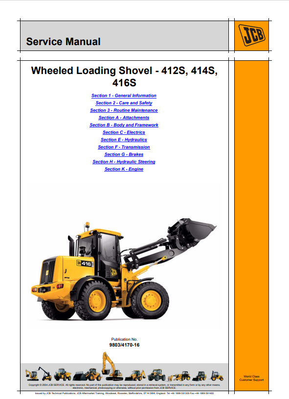 JCB Wheeled Loading Shovel 412S, 414S, 416S Service Manual 9803/4170-16 PDF