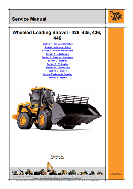 JCB Wheeled Loading Shovel 426, 435, 436, 446 Service Manual 9803-4160-17 PDF