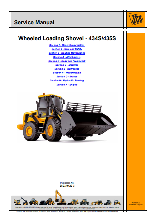 JCB Wheeled Loading Shovel 434S435S Service Manual 9803/9420-3 PDF