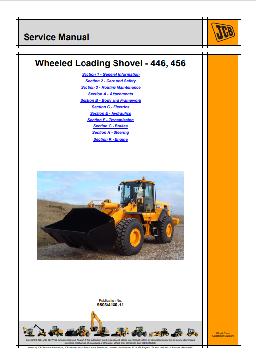 JCB Wheeled Loading Shovel 446, 456 Service Manual 9803/4180-11 PDF