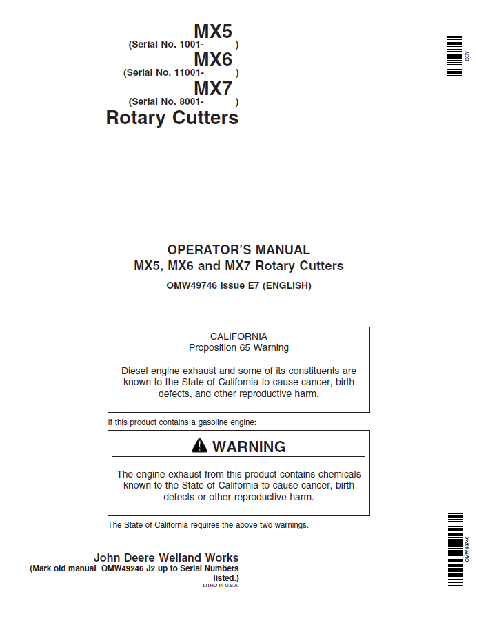 John DeereMX5, MX6 and MX7 Rotary Cutters Operator Manual OMW49746