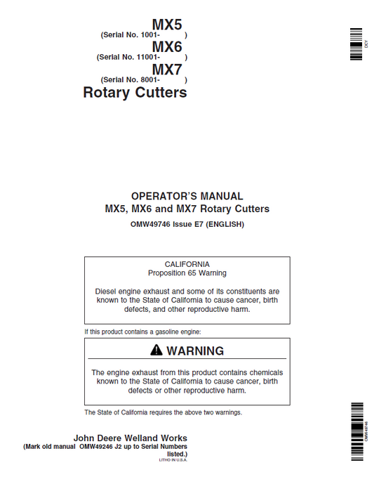 John DeereMX5, MX6 and MX7 Rotary Cutters Operator Manual OMW49746