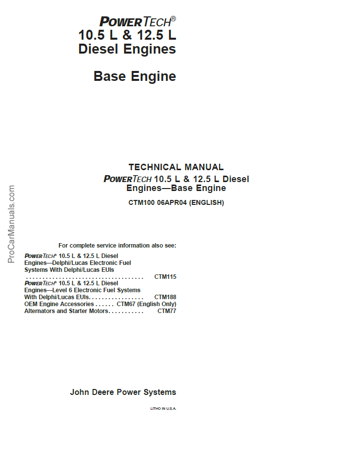 John Deere 10.5 L & 12.5 L Diesel Engines Technical Manual CTM100 PDF