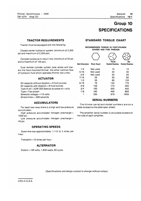 John Deere 100K Synchronous Thinner Service & Repair Manual