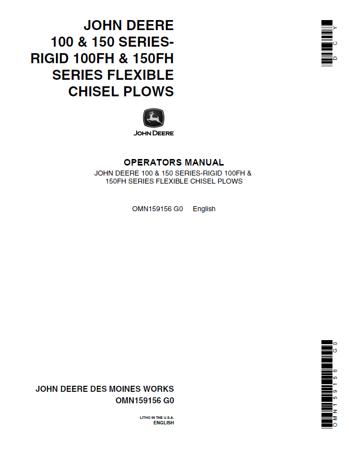 John Deere 100 & 150 Series-Rigid 100FH & 150FH Series Flexible Chisel Plows Operator Manual OMN159156 PDF