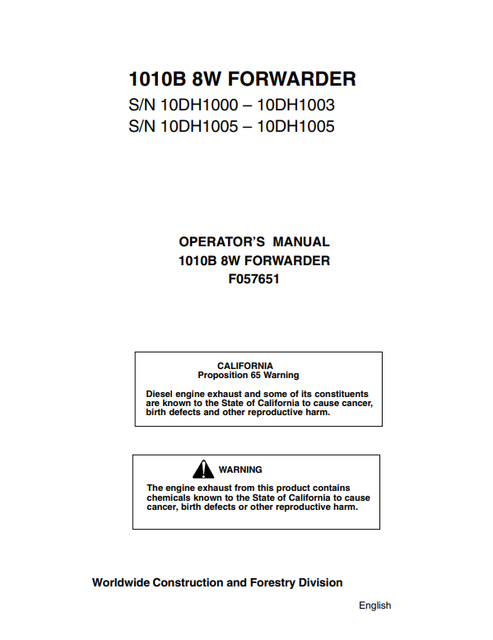 John Deere 1010B 8W Forwarder Operator Manual F057651
