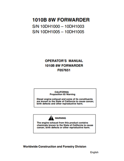 John Deere 1010B 8W Forwarder Operator Manual F057651