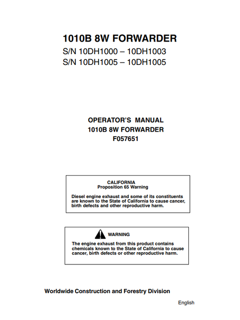 John Deere 1010B 8W Forwarder Operator Manual F057651 PDF