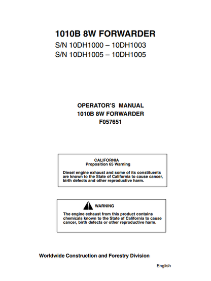 John Deere 1010B 8W Forwarder Operator Manual F057651 PDF