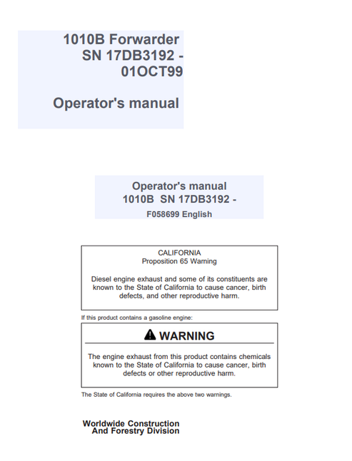John Deere 1010B Forestry Forwarder Operator Manual F058699