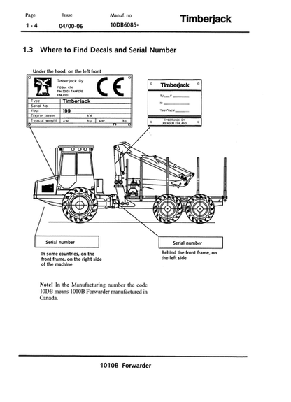 John Deere 1010B Forestry Forwarder Operator Manual F060208