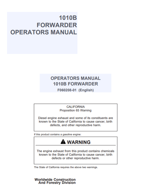 John Deere 1010B Forwarder Operator Manual F060208 PDF