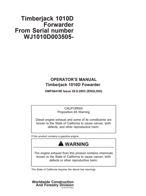John Deere 1010D Forwarder Operator Manual OMF064199 PDF