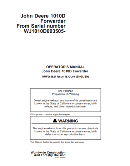 John Deere 1010D Forwarder Operator Manual OMF065527 PDF