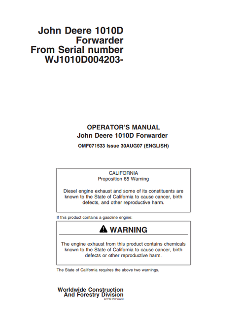 John Deere 1010D Forwarder Operator Manual OMF071533 PDF