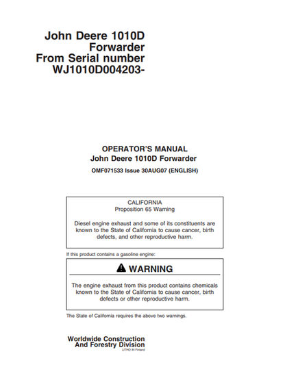 John Deere 1010D Forwarder Operator Manual OMF071533 PDF