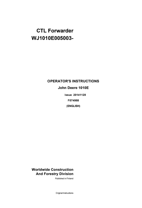 John Deere 1010E Operator Instruction Manual F074988 PDF