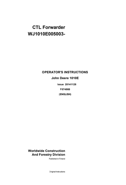 John Deere 1010E Operator Instruction Manual F074988 PDF