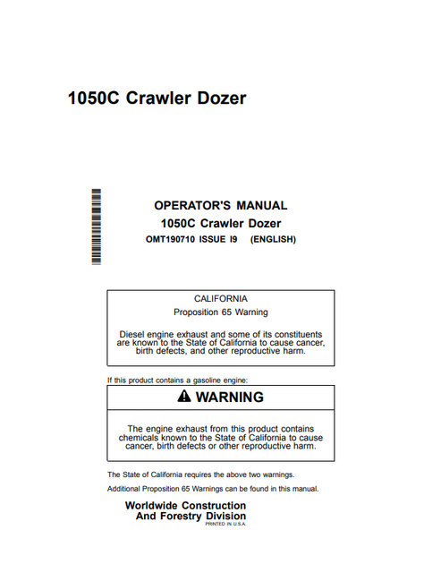 John Deere 1050C Crawler Dozer Manual OMT190710
