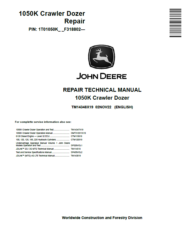 John Deere 1050K Crawler Dozer Repair Technical Manual TM14348X19 PDF
