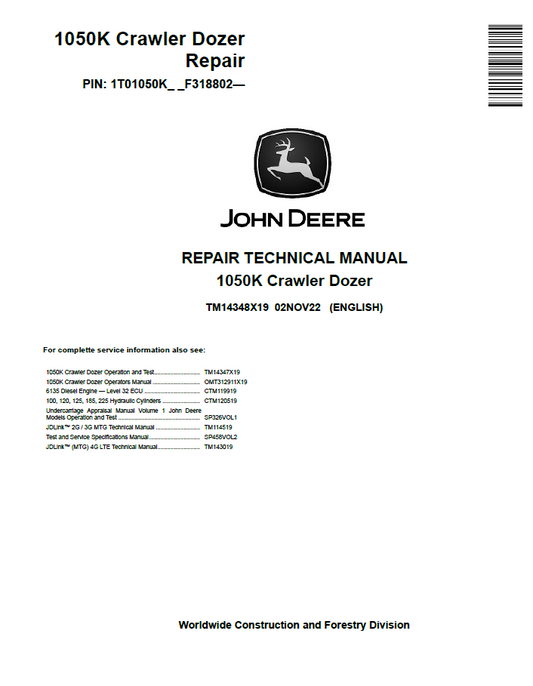 John Deere 1050K Crawler Dozer Repair Technical Manual TM14348X19 PDF