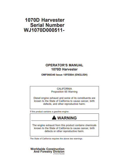 John Deere 1070D Harvester Operator Manual OMF066340