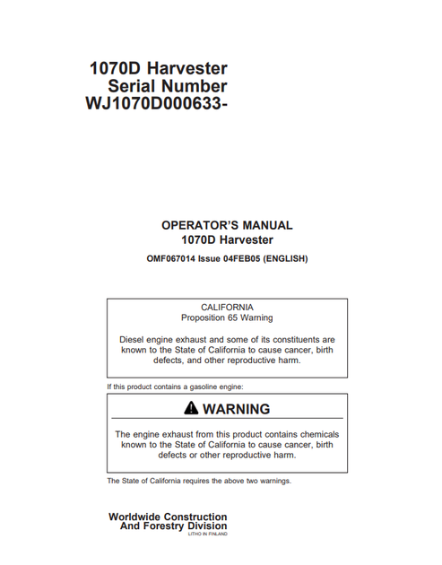 John Deere 1070D Harvester Operator Manual OMF067014