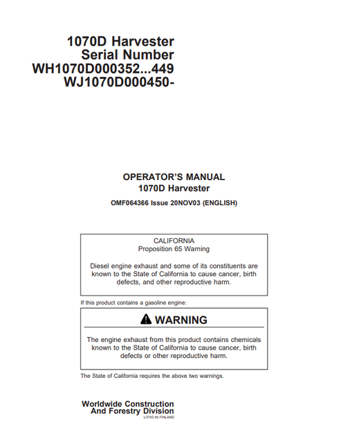 John Deere 1070D Harvester Operator Manual PDF OMF064366