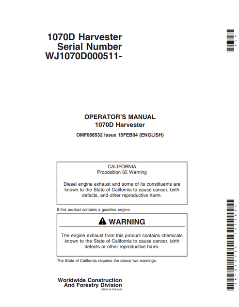 John Deere 1070D Harvester Operator Manual PDF OMF066532