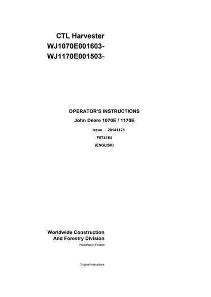 John Deere 1070E 1170E CTL Harvester Operator Manual F074164