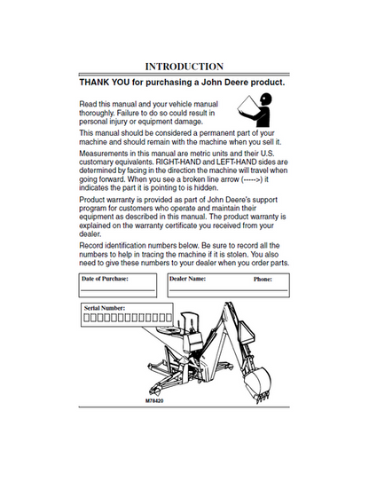 John Deere 10A Backhoe Operation & Maintenance Manual PDF