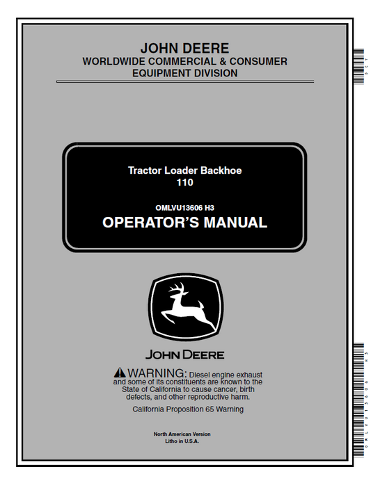 John Deere 110 Tractor Loader Backhoe Operator Manual OMLVU13606 PDF
