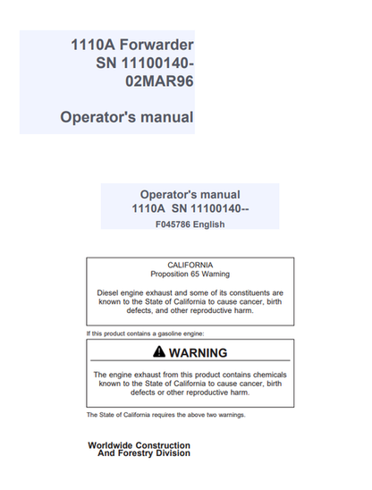 John Deere 1110A Forwarder Operator Manual F045786 PDF