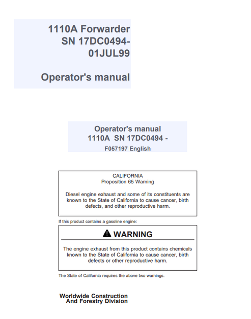 John Deere 1110A Forwarder Operator Manual F057197 PDF
