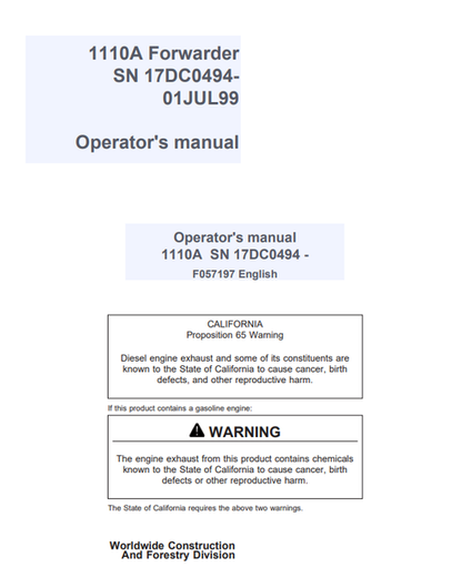 John Deere 1110A Forwarder Operator Manual F057197 PDF