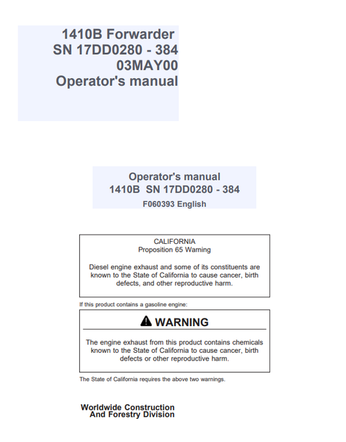 John Deere 1110C Forwarder Operating & Maintenance Manual