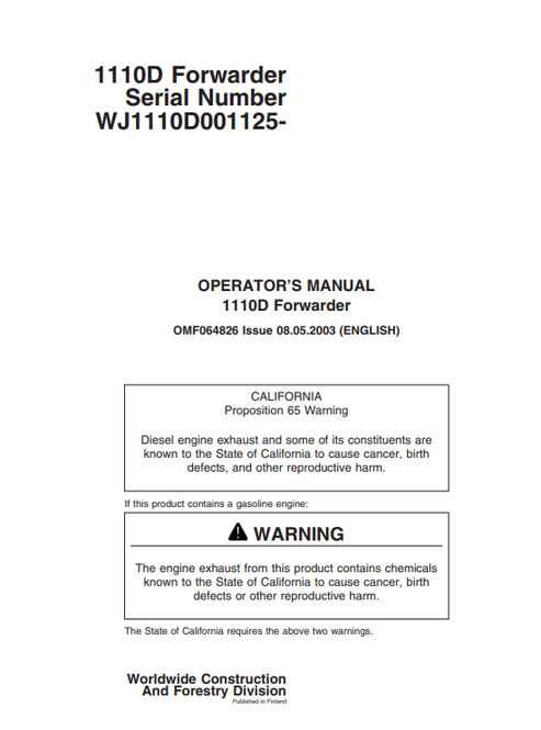 John Deere 1110D Forwarder Operator Manual OMF064826 PDF
