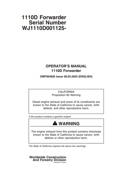 John Deere 1110D Forwarder Operator Manual OMF064826 PDF