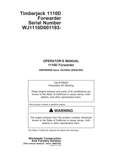 John Deere 1110D Forwarder Operator Manual OMF065859